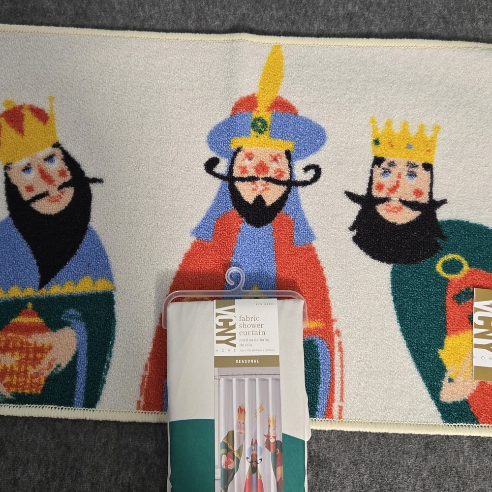 Colorful Three Kings Bath Mat And Fabric Shower Curtain